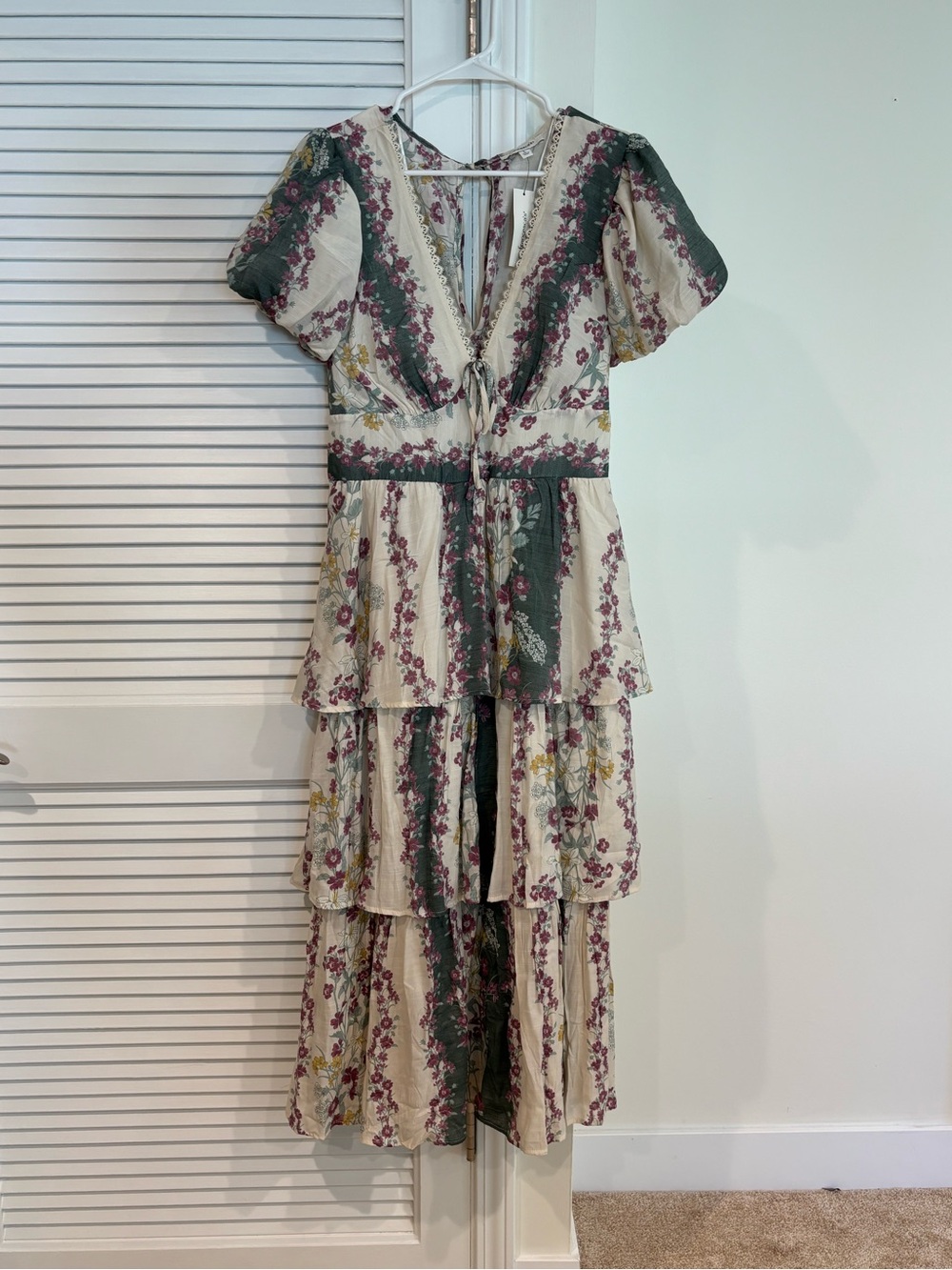 Francesca's Collections Cream and Green Floral Tiered Maxi Dress